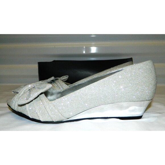 Nina Silver Glitter Peep-Toe Wedge Shoes Size 7M Metallic Gray - Picture 3 of 15